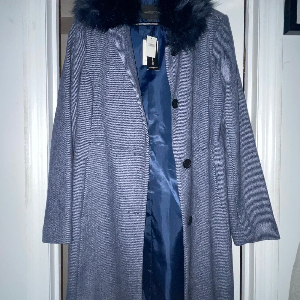 NWT Banana Republic Faux Fur Collar Tailored Coat in Small, Navy Blue Heather